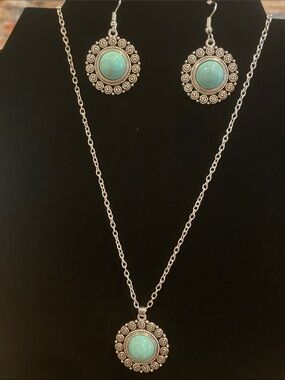 Turquoise Stone Silver-Accent Necklace and Earring Set - Women Jewelry B37